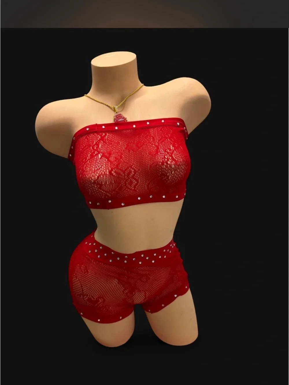 Red Lace Rhinestone Bandeau & Short Set - Women Intimates